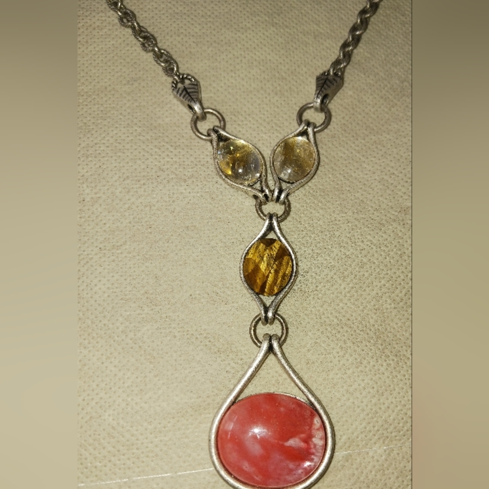 Lia Sophia Pendant Necklace Dark Silver Tone  Pink Brown Cabochons